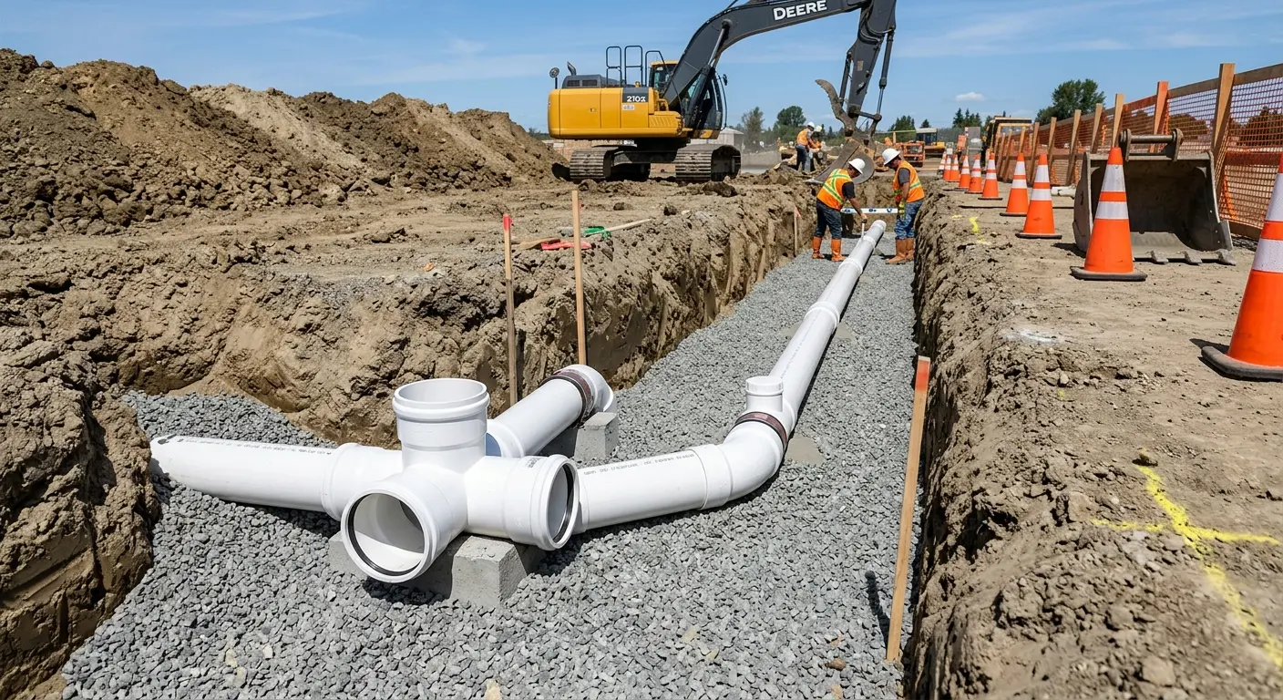New PVC sewer pipe installation in open trench for Sewer Backup in West Salem